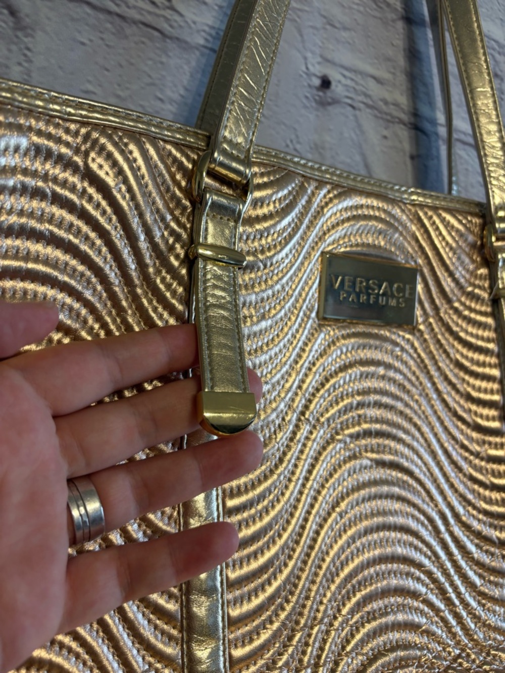 Versace Parfums Shimmery Gold Wave-Texture Tote Bag - Picture 4 of 13